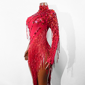 Body Sexy Rojo con Lentejuelas y Flecos, de Una Manga Asimétrica, para Espectáculos de Burlesque, Salsa, Flamenco, Tango, Disfraz de Diva - Product Image 5