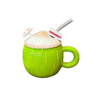 Taza con forma de coco de cerámica ecológica con pajita y cuchara, taza de desayuno de alto valor para parejas, regalo perfecto para la vuelta a la escuela - Product Image 3