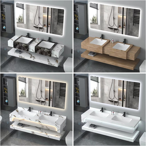 Ensemble de meubles de salle de bain avec vasque double murale en pierre de marbre en pierre frittée OEM avec miroir intelligent - Product Image 5