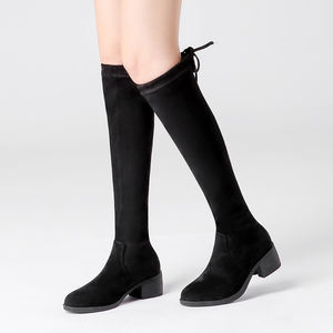 Bottes hautes pour femme automne/hiver à talon épais et moyen, en daim noir, à lacets, avec tube élastique anti-chute - Product Image 5