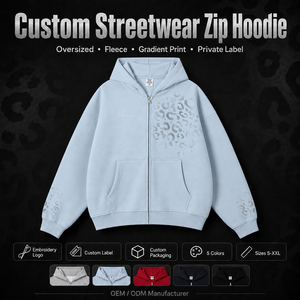 Sudadera con capucha para hombre personalizada, con cremallera, estampado de leopardo teñido liso, logo bordado con efecto desgastado, corte holgado y extragrande, de algodón pesado de 345 g/m² - Product Image 1