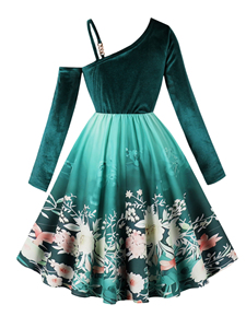 Váy maxi in họa tiết, tay dài, kiểu dáng gợi cảm, dây đeo vai, chất liệu dệt kim, phong cách Trung Hoa, có thể giặt được, kiểu dáng bán trễ vai - Product Image 5