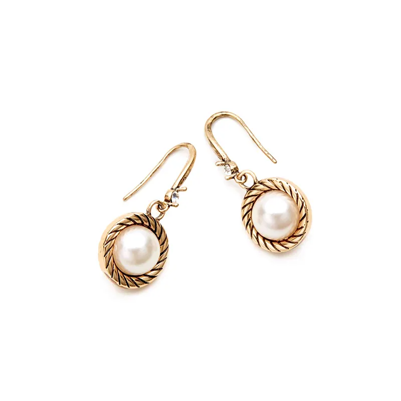 Vintage textured metal with pearl earrings antique gold drop earrings