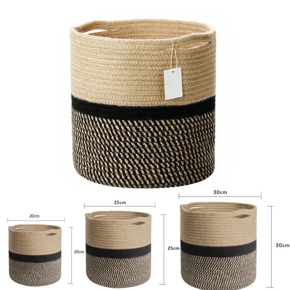 Factory wholesale round boho custom plant baskets woven folding laundry basket kids cotton rope storage basket with handles