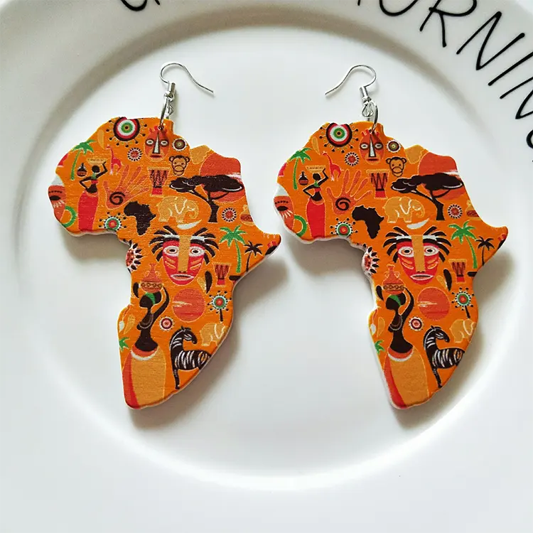 Etnische Tribal Vintage Drop Sieraden Afro Afrikaanse Print Kaart Houten Oorbellen Voor Vrouwen