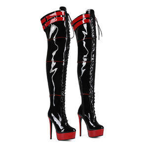 Lungo stivaletti sopra il ginocchio in pelle verniciata rossa con Zip e chiusura stringata per la stagione invernale in stile Western con soletta in PU - Product Image 3