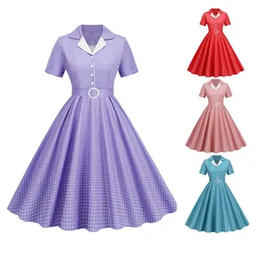 Französisch Vintage Plaid Kleid Frauen Sommer Retro 50er 60er 70er Jahre Swing Pin Up Rockabilly Party Kleid Büro Robe Vestidos