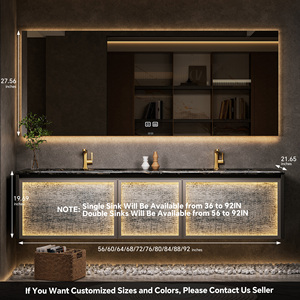 Meuble-lavabo de salle de bain, meuble-lavabo double vasque avec miroir LED anti-buée, meuble-lavabo mural flottant en bois massif - Product Image 6
