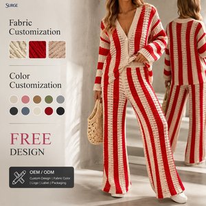 Conjunto <span class=keywords><strong>de</strong></span> <span class=keywords><strong>dos</strong></span> piezas personalizado al por mayor para mujer: Top <span class=keywords><strong>de</strong></span> punto <span class=keywords><strong>de</strong></span> ganchillo con cuello <span class=keywords><strong>en</strong></span> V y manga <span class=keywords><strong>tres</strong></span> cuartos <span class=keywords><strong>de</strong></span> poliéster y algodón con rayas verticales y pantalones acampanados <span class=keywords><strong>de</strong></span> pierna ancha. - Product Image 1