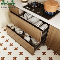 Meuble de cuisine modulaire haut de gamme SLS, armoire sans poignée en texture bois avec rangement coulissant pour projets de villas