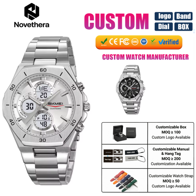 2561Men Analog Digital Watch Stainless Steel Strap 30MWaterproof Chronograph Dual Time Multifunction Sports Business Wrist Watch