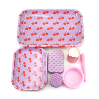 Offre Spéciale Funway SK005 Kit à Cigarettes Moderne 7 Pièces en Métal Carré Motif Cerise avec Broyeur à Herbes et Boîte de Rangement en Étain