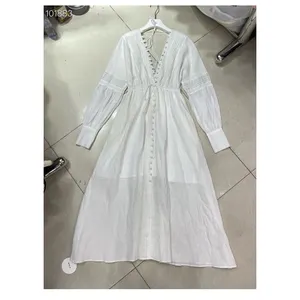 Linen Clothing Elegant And Fashionable Lantern Long-sleeved V-neck Robe Linen 2024 Springsummer And Autumn New Linen Clothing