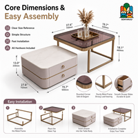 Table basse carrée empilable peu encombrante avec plateau en verre trempé, structure métallique et rangement à tiroirs pour salon