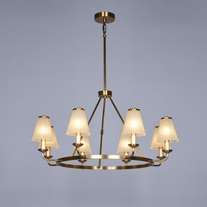 Lustre moderne de luxe à 8 lumières en acier inoxydable doré avec abat-jour en verre côtelé, élégante suspension pour éclairage intérieur - Product Image 1