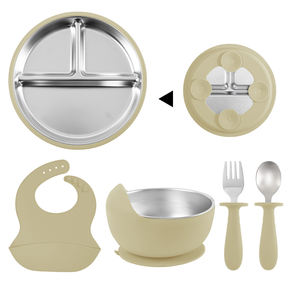 Vaisselle ronde pour enfants divisée en compartiments, assiettes en acier inoxydable pour bébé, manchons en silicone avec ventouses - Product Image 2