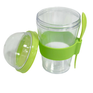 Portable Double Walled Plastic Smoothie Cup With Lid And Spoon 17.5Cm Height Round Shape For Yogurt Milkshake Breakfast Cereal - Product Image 2