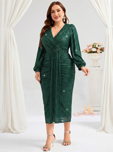 Robe de soirée moulante à sequins, col en V profond et manches longues, pour femmes européennes grandes tailles, idéale comme tenue de demoiselle d'honneur. - Product Image 3