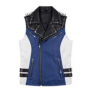 Women’s Custom <b>Leather</b> Motorcycle <b>Vest</b> – Blue & White Cowhide <b>Biker</b> <b>Vest</b> with Spikes and Lapel Collar - Product Image 2
