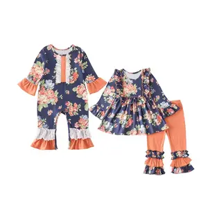 חג המולד תינוק סט בגדי ילדים ארוך שרוולים לפרוע שמלת סרבלי תלבושות ילדי של פרח הדפסת בוטיק בגדים