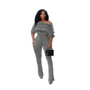 Ensembles deux pièces solides pour femmes, hauts courts à manches longues et col rond, pantalons taille haute amincissants, <span class=keywords><strong>ensemble</strong></span> <span class=keywords><strong>chic</strong></span>, mode féminine, ensembles deux pièces - Product Image 4