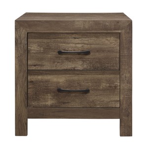Comodino con finitura marrone rustico con 2 cassetti e ferramenta in metallo nero, mobili per camera da letto - Product Image 1