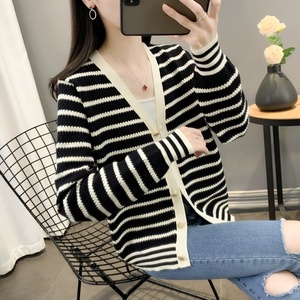 Vintage V-neck Striped Long-sleeved Knitted Cardigan Women's Early Autumn Thin Loose Lazy Style Short Outer <strong>Top</strong> - Product Image 2