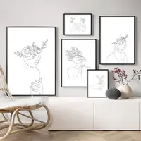 Pintura abstrata da linha de arte da mulher, flor preto e branco, imagem de parede, decoração de casa, tela nórdica, arte de parede