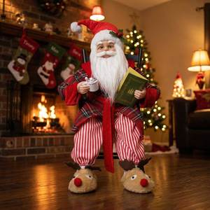 Figura de Papá Noel Navideño con Libro y Taza de Té, Túnica a Cuadros Roja y Pantuflas de Reno, Linda Decoración para el Hogar o Escritorio - Product Image 3