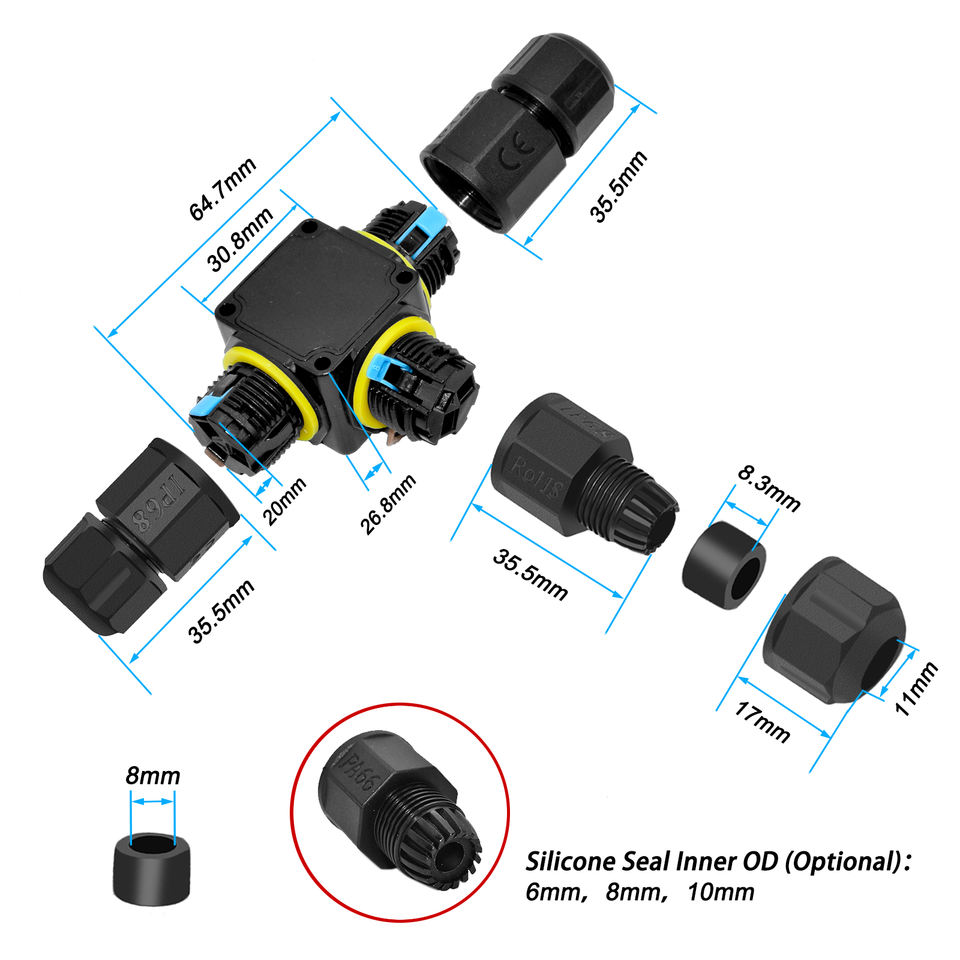 M20 IP68 Screwless 3 Way T-Shape Waterproof Cable Connector dimension drawing