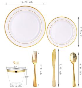 Roce Gold 150pcs Service de vaisselle avec tasses assiettes serviettes en plastique blanc - Product Image 5