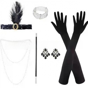 Robe de Charleston des années 20 pour <span class=keywords><strong>femme</strong></span>, costume d'Halloween, gants, collier Pipo, bandeau - Product Image 5