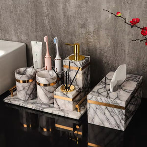 SAIDKOCC <span class=keywords><strong>Set</strong></span> di Accessori da <span class=keywords><strong>Bagno</strong></span> di Lusso in Marmo Lilla, Dispenser per Sapone, Portaspazzolino, Portasapone e Vassoio in <span class=keywords><strong>Pietra</strong></span> - Product Image 1