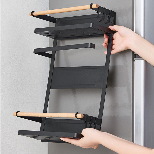 Kitchen Magnetic Fridge Organizers-Three-Layer Metal Home Organizer for Spice Paper Towels & Plastic Wrap