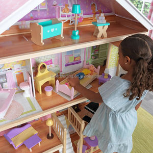 Maison de poupée en bois grande taille rose et bleue pour enfants, avec accessoires et meubles, jouets pour enfants - Product Image 4