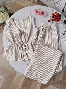 Conjunto de verano para mujer: chaleco largo sin cuello de color liso a rayas y pantalones casuales con cordones, conjunto dulce y versátil sin mangas. - Product Image 2