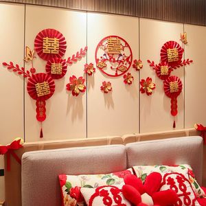 Calcomanía de Pared 3D con el Símbolo de la Doble Felicidad, Decoración de Boda, Flores Rojas y Doradas, Forma Irregular, Juego de Varias Piezas, Decoración del Hogar - Product Image 3