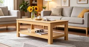 Table basse moderne en bois massif avec étagère de rangement, meubles de salon scandinaves, finition naturelle, table d'appoint basse - Product Image 5