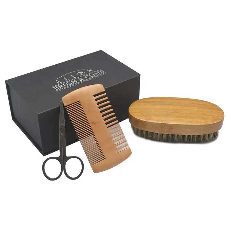 El más popular de la barba kit barba tijeras cepillo de cerdas de Peine de madera para los hombres