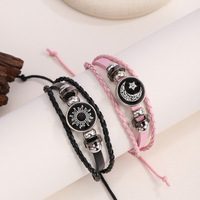 Gelang Boho PU Anyaman Anti-Luntur Terlaris, Hiasan Paduan Logam Matahari Bulan Bintang, Dapat Disesuaikan, untuk Pesta & Hadiah Sehari-hari