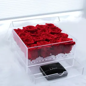 Clear Acrylic Rectangular Floral Arrangements Box 16 Holes Rose Box Square 7.8 Inches Vase for Home Decoration