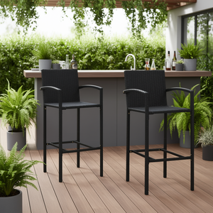 Tabourets de bar en rotin noir et acier thermolaqué, taille standard, durables pour l'extérieur, mobilier de bar moderne et contemporain - Product Image 2