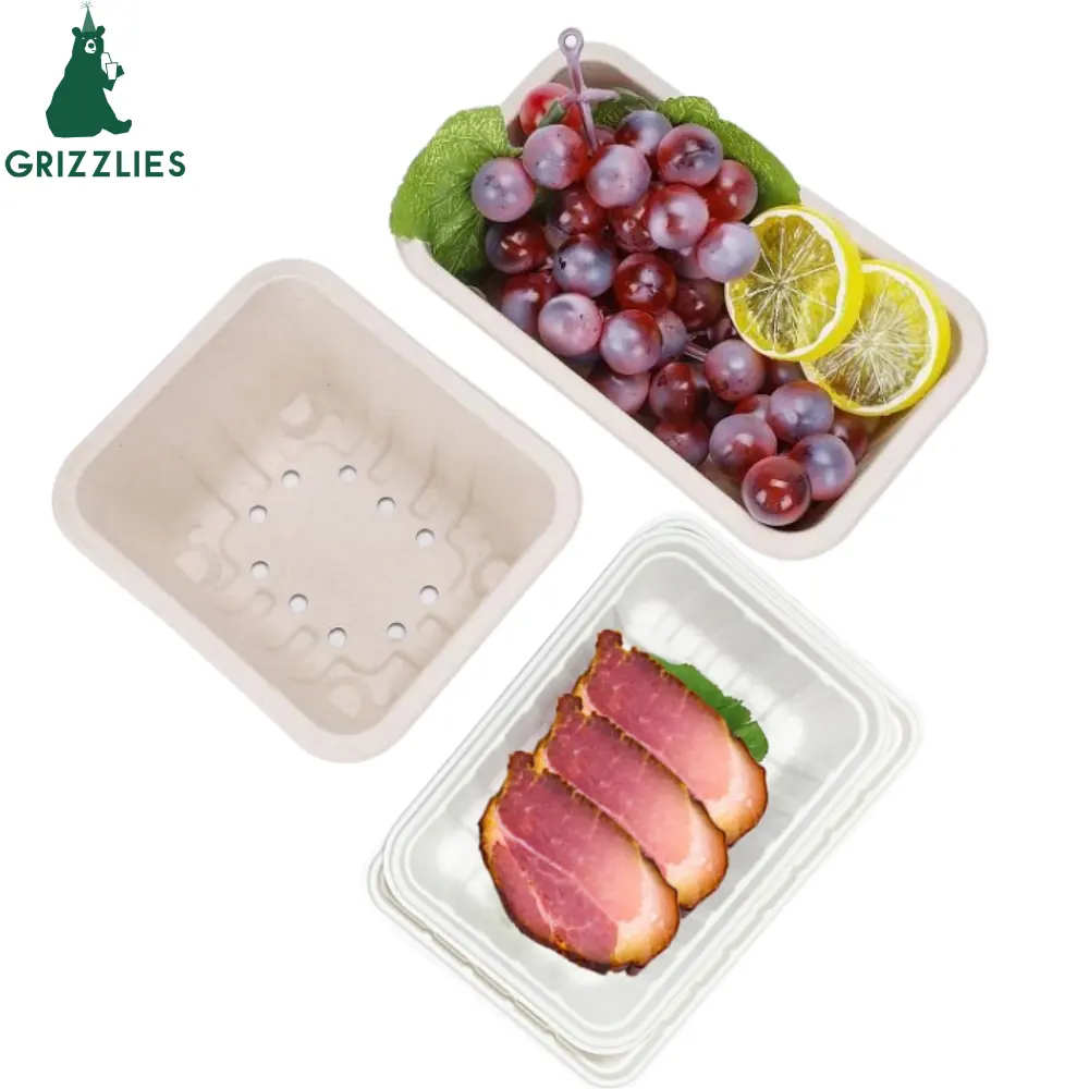 Bandeja de fruta de bagazo de caña de azúcar desechable rectangular vegetal de supermercado biodegradable de grado alimenticio bandeja de carne