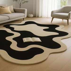 Alfombra de Lana Negra Marfil |   Alfombra de área de forma irregular hecha a mano |   Alfombra de Primera Calidad para Sala de Estar, Dormitorio, Habitación Infantil, Decoración del Hogar - Product Image 2