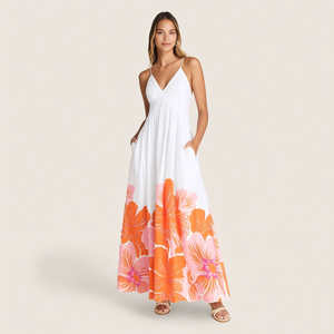 Vestido largo maxi bohemio personalizado para <span class=keywords><strong>mujer</strong></span>, con estampado floral blanco, cintura imperio, escote en V profundo, tirantes finos, fruncido y bolsillos laterales, ideal para invitadas <span class=keywords><strong>de</strong></span> boda. - Product Image 4