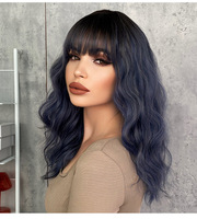Wig Cosplay sintetis Jepang dan Korea, Wig Cosplay sintetis, penutup Wig sutra temperatur tinggi, bergelombang, panjang, biru, kabut, 21.25 inci, Jepang dan Korea