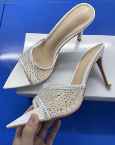 Women's Rhinestone Mesh Pointed Toe Stiletto Mule Sandals Soft Insole on Ladies Sexy <b>Heeled</b> Sandals - Product Image 5