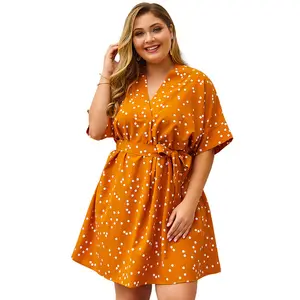 Hot Sale Summer V Neck Tie Waist Lady Elegant Women's Casual Dot Plus Size Dresses 2021 For Fat Woman