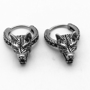 Yunnique Boucles d'oreilles créoles tête de loup en argent tibétain et acier titane, unisexe, motif animal, style rétro européen et américain - Product Image 1