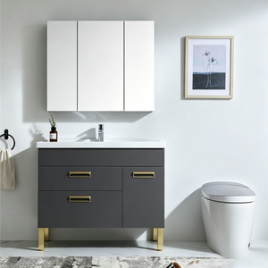 Mobile <span class=keywords><strong>Bagno</strong></span> Moderno con Top in Solid Surface, <span class=keywords><strong>Lavabo</strong></span> Sottopiano, Ferramenta Oro Spazzolato, Specchio Nero Industriale Bianco Shaker - Product Image 2